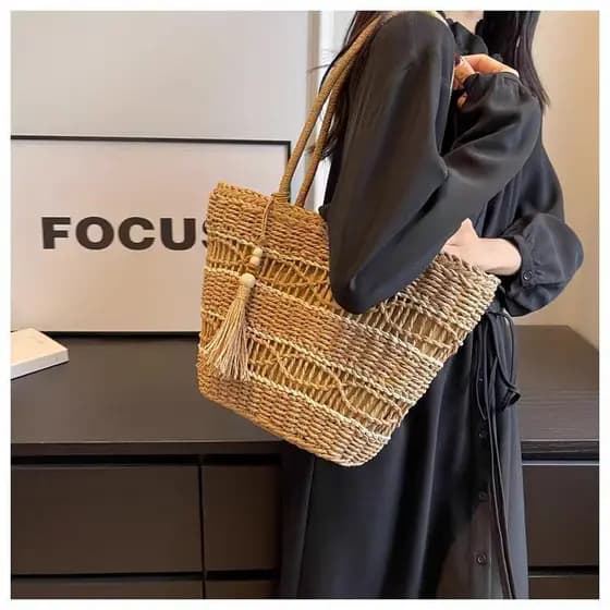 Bolsa de palha com borla, bolsa de ombro, bolsa de praia, bolsa versátil de grande capacidade