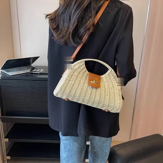 Bolsa de praia tecida bolsa de ombro portátil bolsa de vime bolsa europeia e americana para mulheres