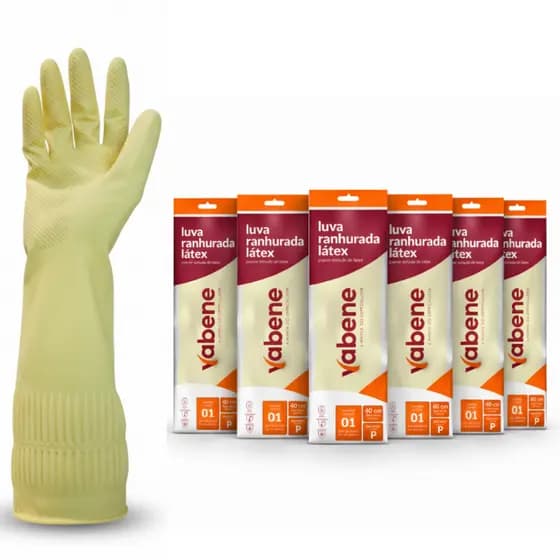 6 Pares Luva Ranhurada Cano Longo Latex Amarela Vabene Reforçada Limpeza Industria Resistente
