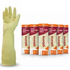 6 Pares Luva Ranhurada Cano Longo Latex Amarela Vabene Reforçada Limpeza Industria Resistente