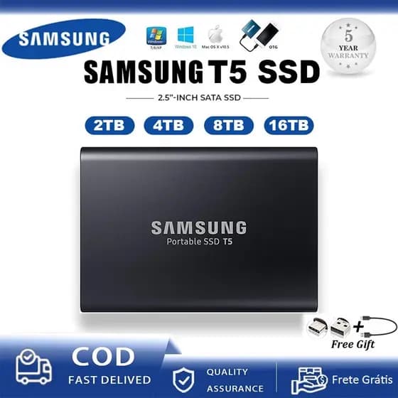 SAMSUNG T5 SSD externo 2TB-16TB HD Externo de Estado Sólido Portátil Adequado para Grande Capacidade