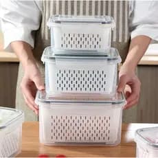 Kit 3 potes Organizadores Geladeira Herméticos Cozinha Alimentos Com Cesto Removível Lavar Frutas