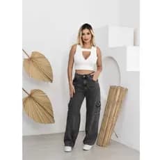 calça feminina wide leg cargo jeans grafite