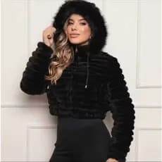 Jaqueta feminina Puffer Dupla Face Teddy Nylon Pelúcia  Cropped Capuz Removível Inverno Pelinhos Forrada