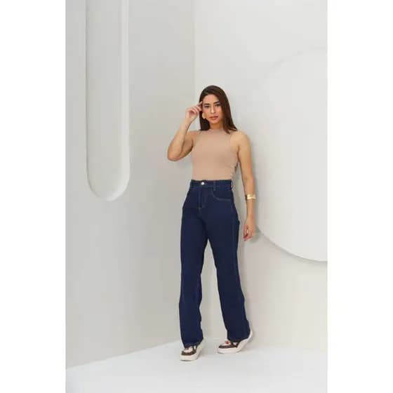 Calça jeans wide leg Azul escura lisa feminina perna larga