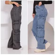 calça feminina wide leg cargo jeans grafite a 4 bolsos na perna