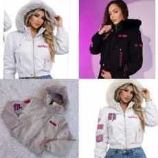 jaqueta feminina barbie bad bitich plastica  por ser forrada possuir capuz removível e detalhes estampados
