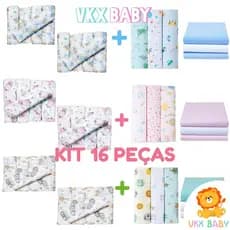 Kit Enxoval Bebê 16 Peças - 10 Fraldas de Pano 60cm X 60cm + 6 Cueiros Bebe Flanelado - 100% Algodão