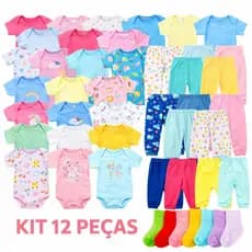 Kit Enxoval Bebê 12 Peças Bodys, Mijão e Meias 100% Algodão | Menino, Menina e Unissex - Roupa Recém Nascido Maternidade