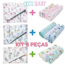 Kit Enxoval Bebê 8 Peças - 5 Fraldas de Pano 60cm X 60cm + 3 Cueiros Bebe Flanelado 80cm X 50cm - 100% Algodão