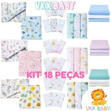 Kit Enxoval Bebê 18 Peças 5 Fraldas de Pano+ 6 Cueiros + 6 Panos de Boca + 1 Toalha Felpuda c/ Capuz