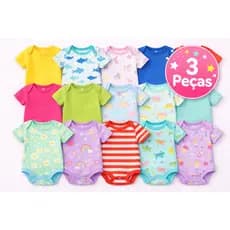 Kit 3 Bodys Bebê Manga Curta 100% Algodão Liso e Estampado Confortável Macio Infantil - Roupa Recém Nascido Maternidade