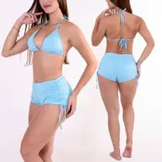 Conjunto Bíquini Com Bojo Sunkini Piscina Short com Ajustes nas Laterais Amarrar Forrado Moda Praia
