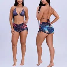 Conjunto Stitch Short Bíquini Com Bojo Moda Praia Sunkini Curtininha Piscina com Ajustes nas Laterais Amarrar Forrado