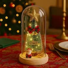 Luminária Cúpula Enfeite De Feliz Natal Led Presente 21cm Base Madeira + 1 Sacola De Feliz Natal