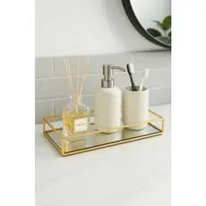 Bandeja Metal Com Espelho Decorativa Lavabo Banheiro Dourado