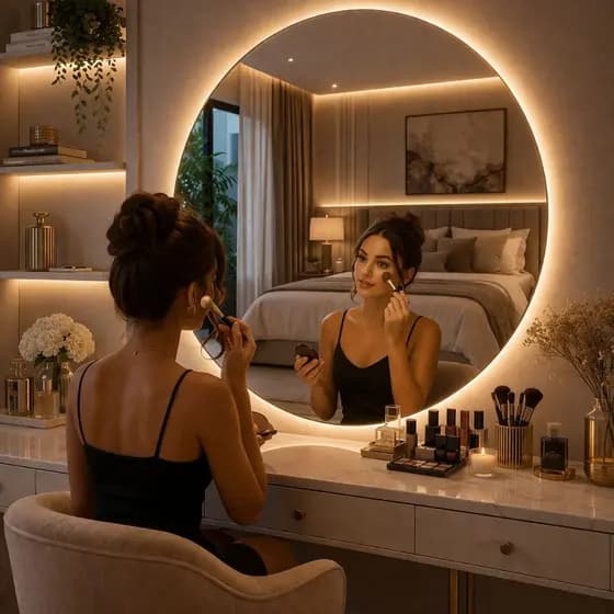Espelho Redondo Grande 90x90cm Com Led Fonte 12V Lapidado Iluminado Moderno Decorativo Para Barbearia Luxo