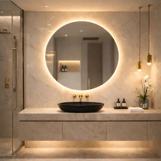 Espelho Decorativo Redondo 80x80cm Com Led Lapidado Fonte Slim Moderno Sala, Quarto, Lavabo Banheiro, Penteadeira