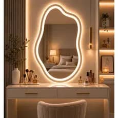 Espelho Organico 70x100cm Jateado Lapidado com 3 TONS DE LED e Botão Touch  Para Banheiro Decorativo Moderno