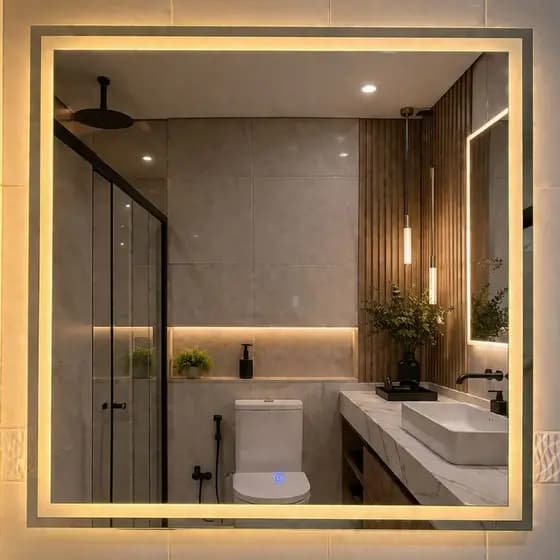 Espelho Com Led Quadrado 90x90cm Jateado Lapidado 3 Cores Botão Touch Luz Ajustável