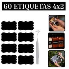 60 Etiquetas Adesivas Lousa 4x2cm + Caneta Giz Líquido Pote Porta Tempero