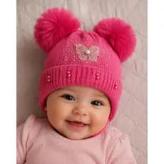 Touca Infantil Bebê Rosa com Pompom Pérolas detalhes Touca de Inverno Menina quentinha Para creche escola passeio