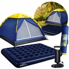 Barraca 4 Pessoas Camping Acampamento Colchão Casal + Bomba Azul