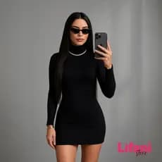 Vestido Feminino Canelado Manga Longa Gola Alta Curtinho Coladinho Balada Tendencia Blogueira