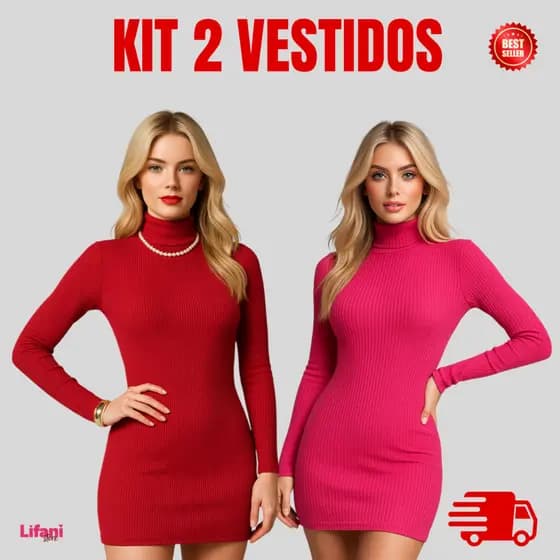 Kit 2 Vestido Feminino Básico Manga Longa Tubinho Gola Alta Canelado Estiloso Moda Blogueira