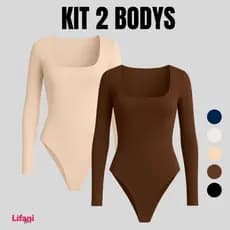 Kit 2 Body Feminno Decote Quadrado Manga Longa Suplex Collant Básico Estiloso Tendencia