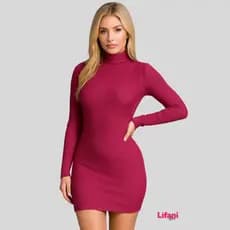 Vestido Manga Longa Feminino Gola Alta Básico Curto Inverno Canelado Moda Gringa