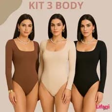 Kit 3 Body Feminino Manga Longa Decote Quadrado Elegante Casual Tendência Suplex com Forro