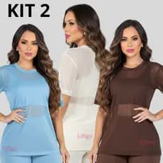 Kit 2 Blusa Tule Feminina Transparente Manga Curta Fitness Camisão Treino Arrastão Lisa Gola Redonda