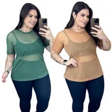kit 2 Blusa de Tule Plus Size Academia Fitness Feminina
