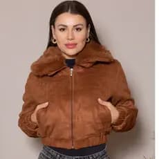 Jaqueta Feminina em Suede Casaco Bomber Gola de Pelo Removivel
