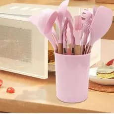 Kit Talheres de Silicone Com Cabo de Madeira 12  Peças