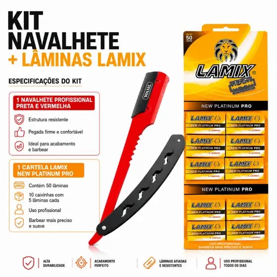 Kit Navalhete Profissional Preto Vermelho + 50 Lâminas Lamix