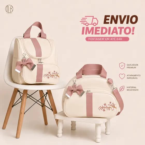 Kit de 2 Peças Bolsa e Mochila de Maternidade Bordado Floral com Borboletas  e Safari Menina/Menino