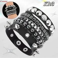 Pulseira de Couro com Pontas e Prego-3Peças Layered Punk Rock - Acessório Feminino/Masculino-CO