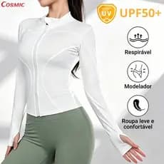 Jaqueta com proteção solar FPS 50+, tecido leve, elástico e respirável, ideal para ioga e esportes ao ar livre.-CO
