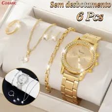 KIT6 Relógio Feminino de Quartzo com Diamantes – Conjunto de Pulseira de Aço Inoxidável Para Aniversário-CO
