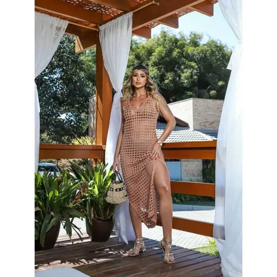 Vestido Regata Saída de Praia Longa Verão Canga Decote V Crochê Tricot