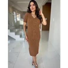 Vestido Midi Canelado Fenda Lateral Manga Curta Moda Evangélica Moda Verão Tricot Premium Luxo