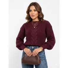 Blusa de Frio Feminina Estilo Blogueira Com Trança Inverno 2026 Suéter Tricot Manga Bufante
