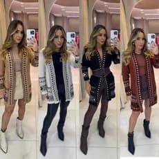 Cardigan Blusa de Tricot Feminino Quadriculado Casaco Elegante Manga Longa Inverno 2026
