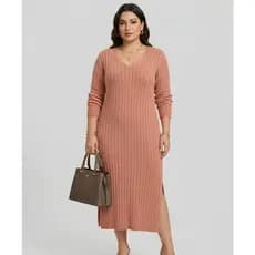 Vestido Feminino de Frio Inverno Gola V Com Fenda Lateral  Manga Longa