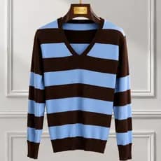 Blusa Feminina de Frio Listrada de Tricot Premium Mnaga Longa Gola V Lançamento Inverno