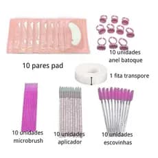 Kit Alongamento De Cilios 10 Escovinhas + 10 Miceobrush +10 Anel Batoque + 10 pares de pads  + 1Fita transporeli