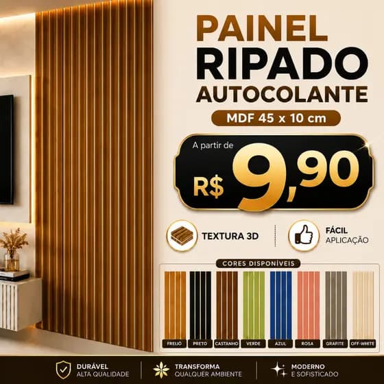 Kit Até 100 Placas Painel Ripado Autocolante MDF 45x10cm para Parede - ENVIO FULL