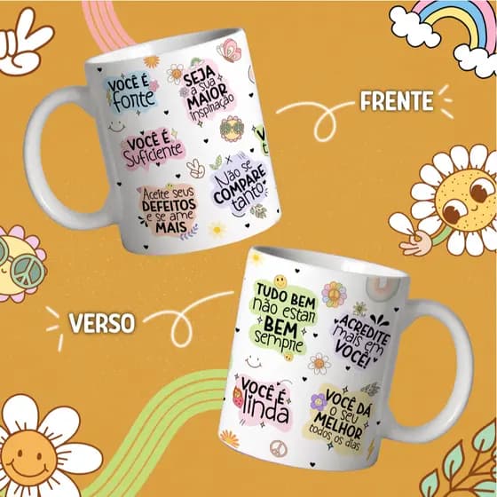 Caneca Motivacional de Cerâmica 325ml – Frases Positivas para o Dia